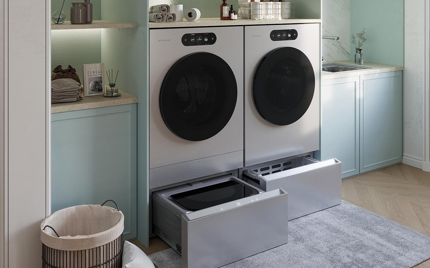 A smart dryer installed next to a matching smart washer.
