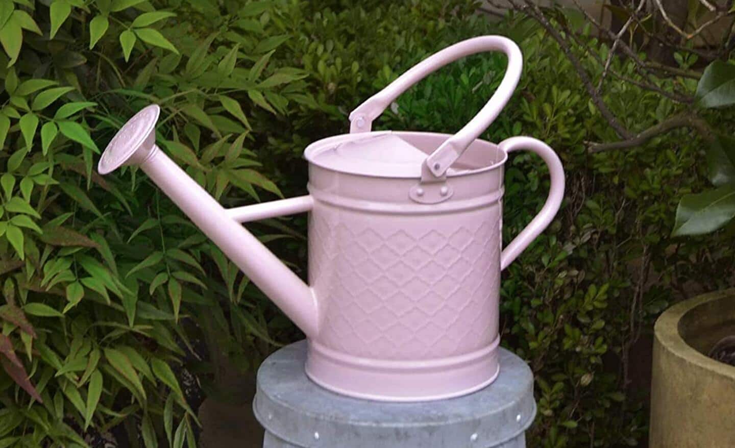 A pink metal watering can on a pedestal in a garden