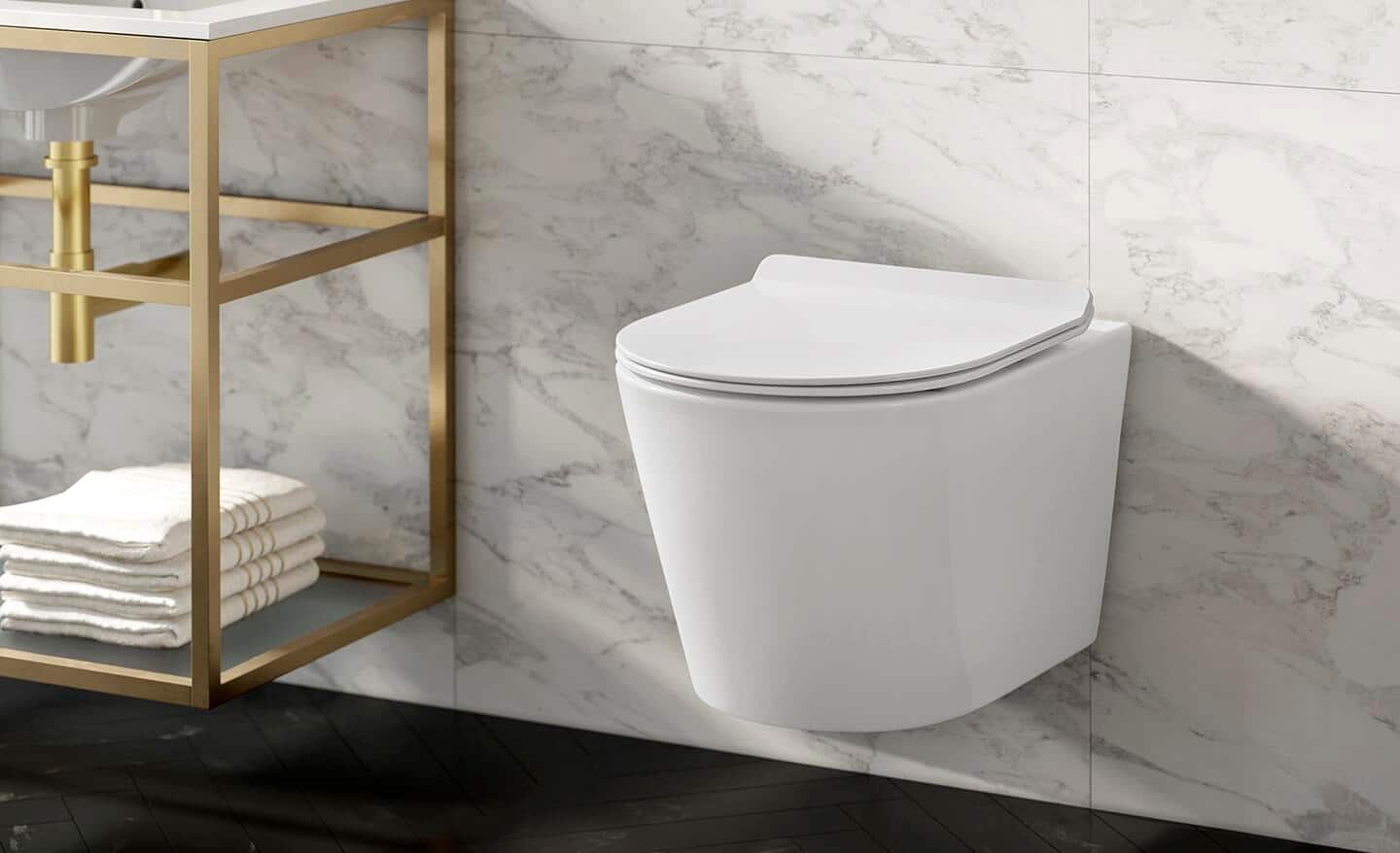 A wall-hung toilet installed in a marble bath.
