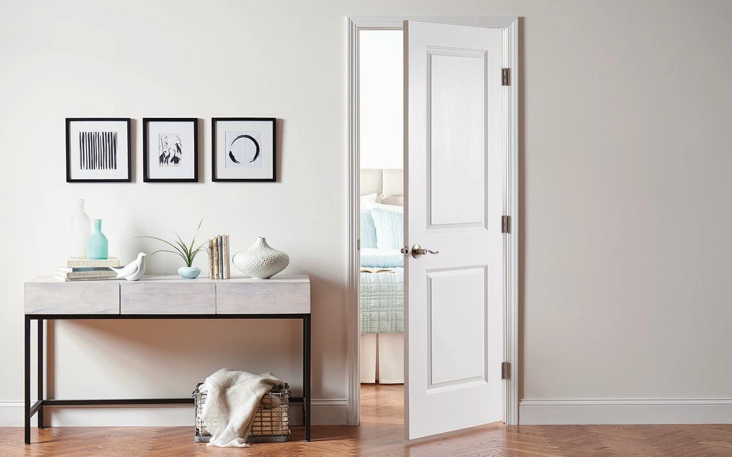 An outswing prehung interior door opening into a bedroom