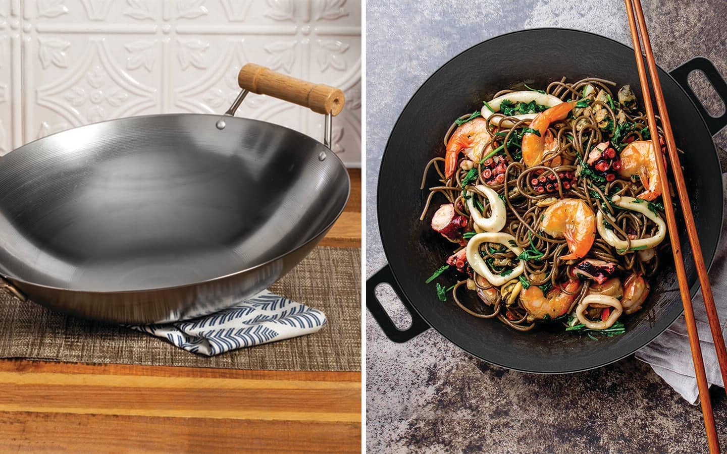 A flat bottom wok next to round bottom wok. A flat bottom wok next to round bottom wok.