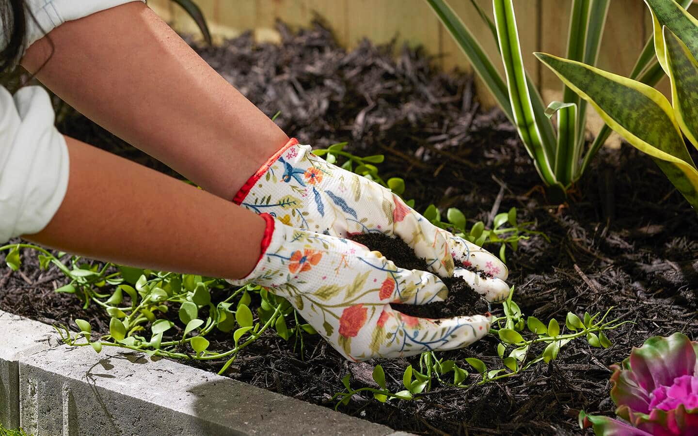 Gardener with gloved hands mixes vermicompost into a garden bed Gardener with gloved hands mixes vermicompost into a garden bed