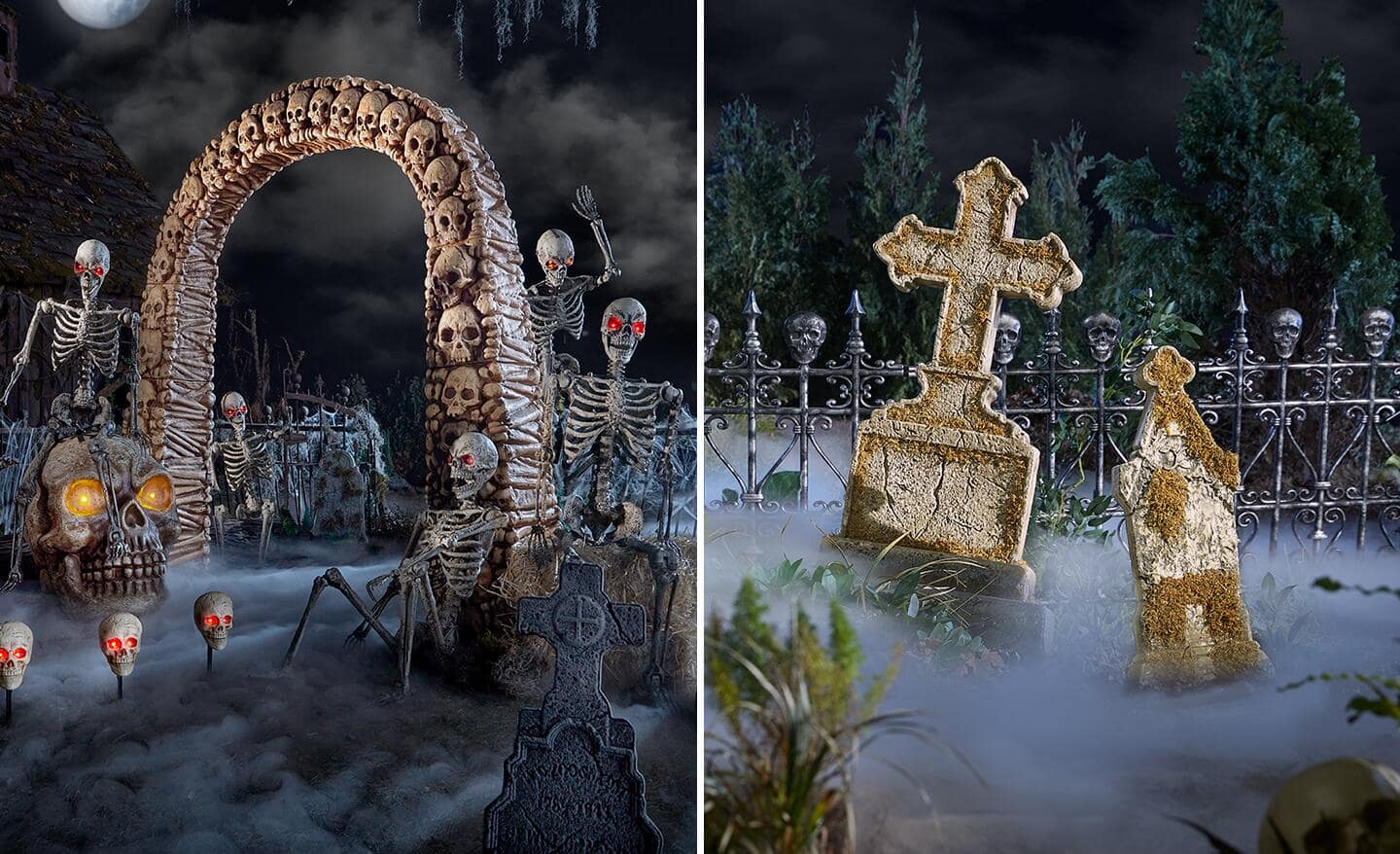 A dual image features skeletons with glowing red eyes sitting and standing among gravestones in a Halloween cemetery scene with a close up up gravestones on the right.