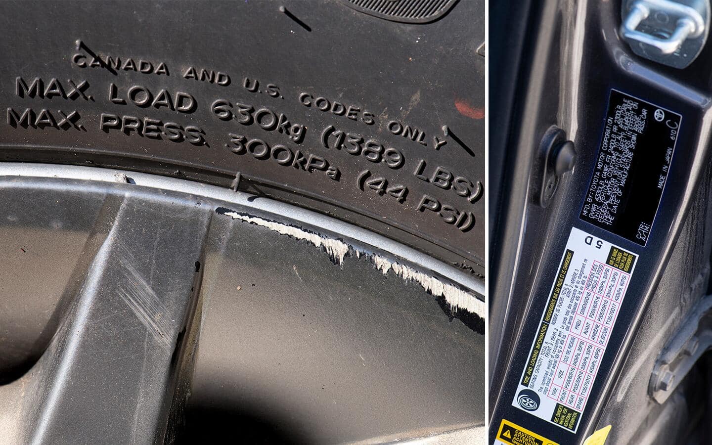 Two images of tire pressure notation, one on the side of a tire, and one on a door sticker. Two images of tire pressure notation, one on the side of a tire, and one on a door sticker.
