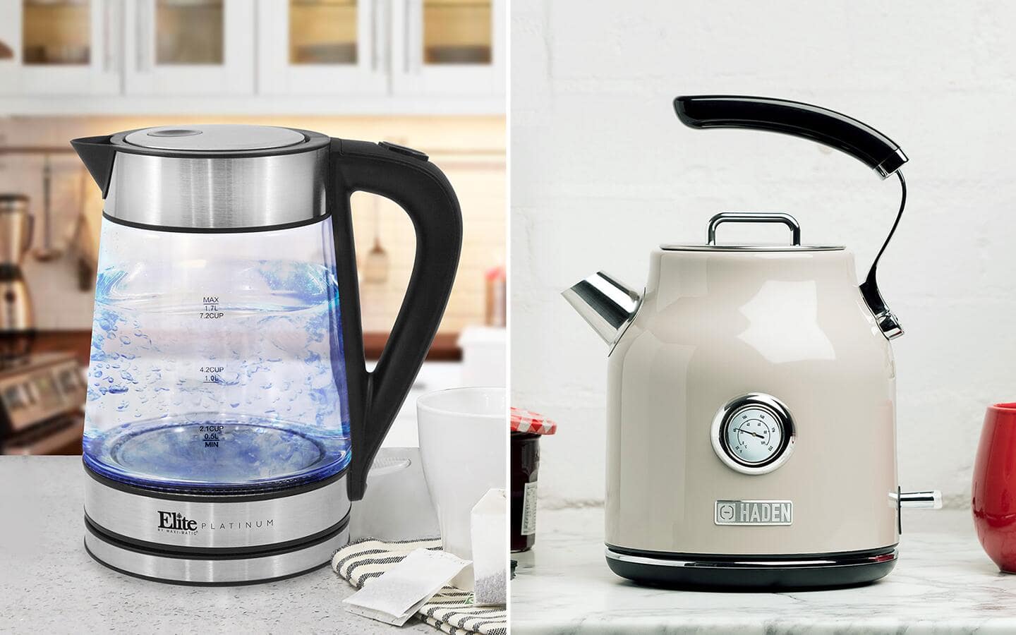Two electric kettles in a side-by-side image.