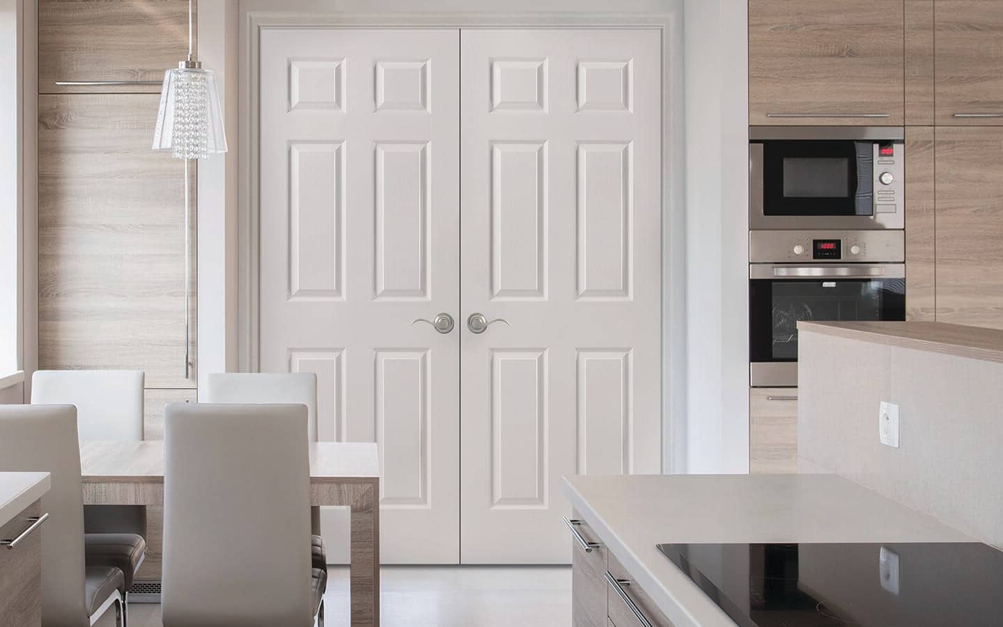 Closed double interior doors concealing a pantry space.