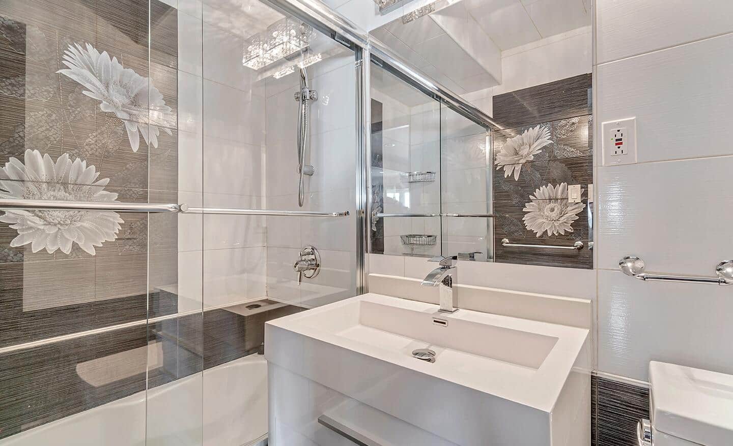 A modern shower featuring a large floral design.