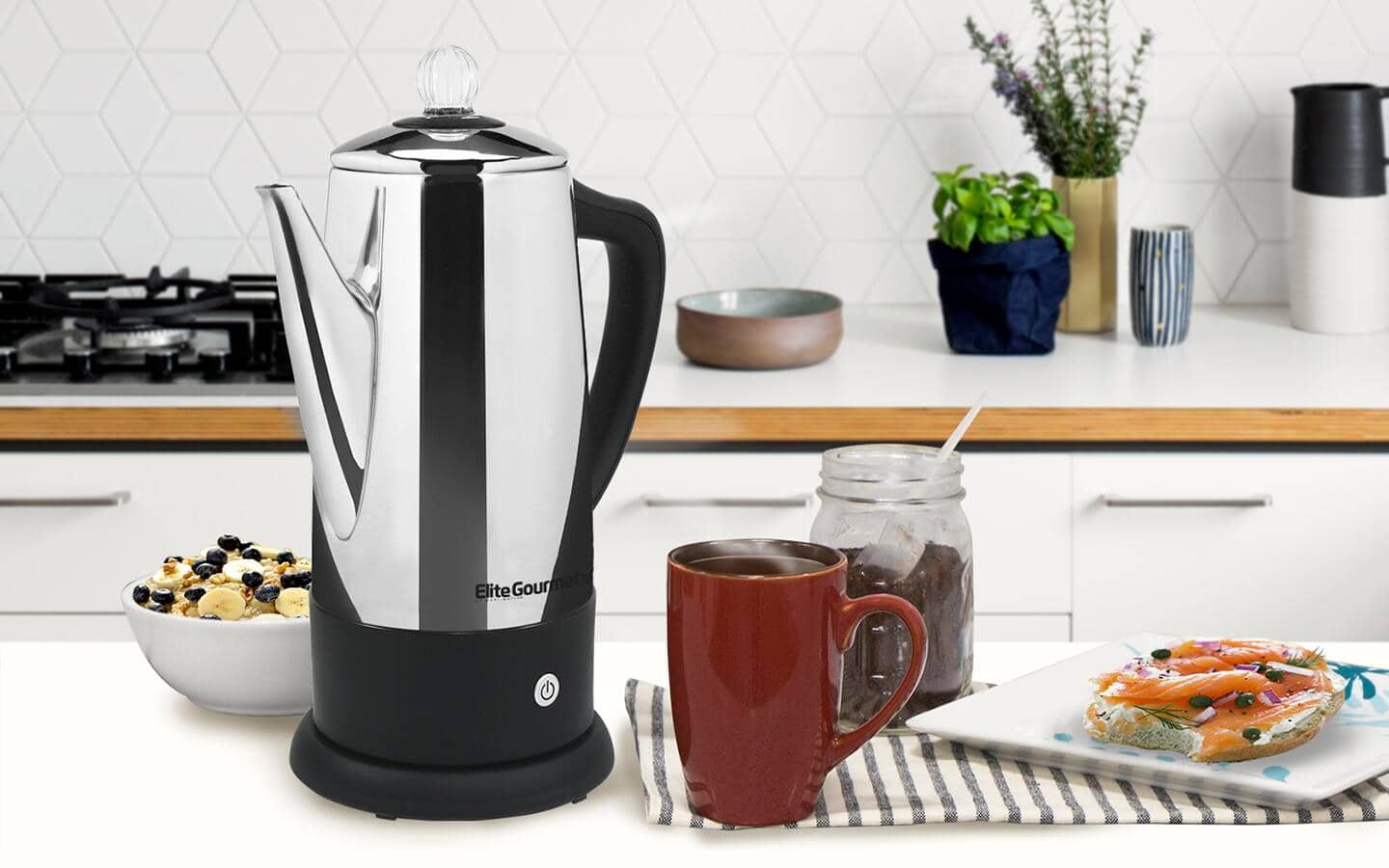 Percolator style coffee maker on a kitchen countertop