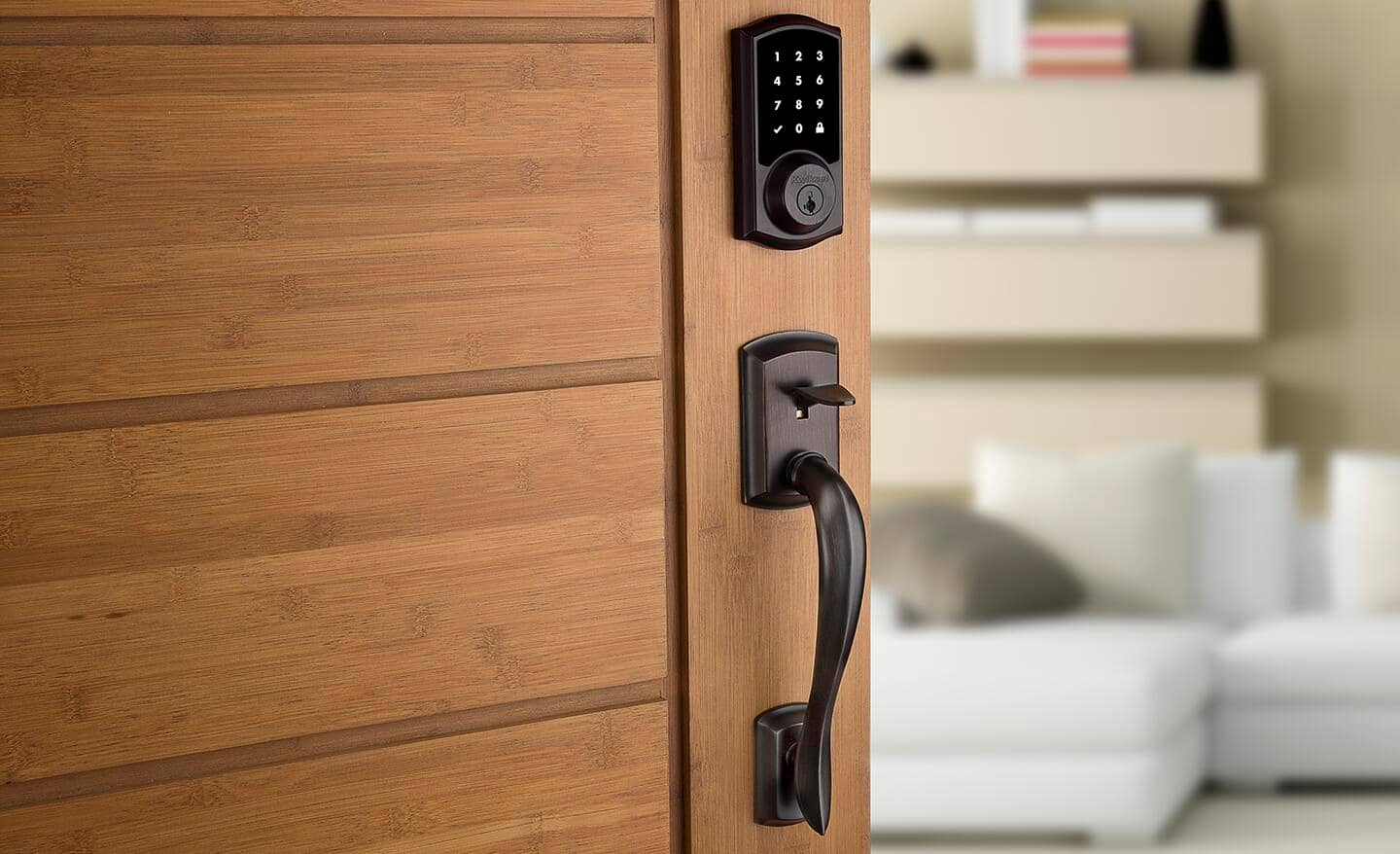 A handleset with a keypad special feature on a wooden door. 