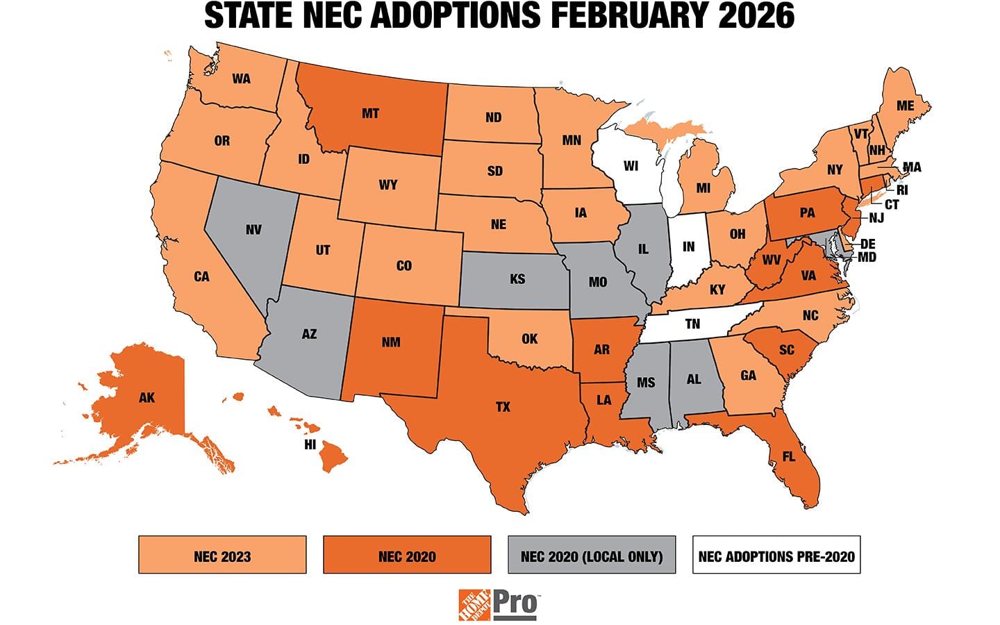 A map graphic shows state adoptions of the National Electrical Code. A map graphic shows state adoptions of the National Electrical Code.