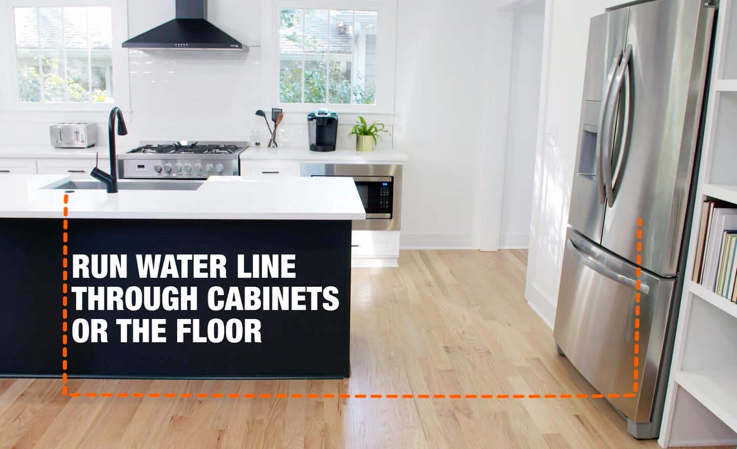 A kitchen showing the path of a water line from the sink to the refrigerator.