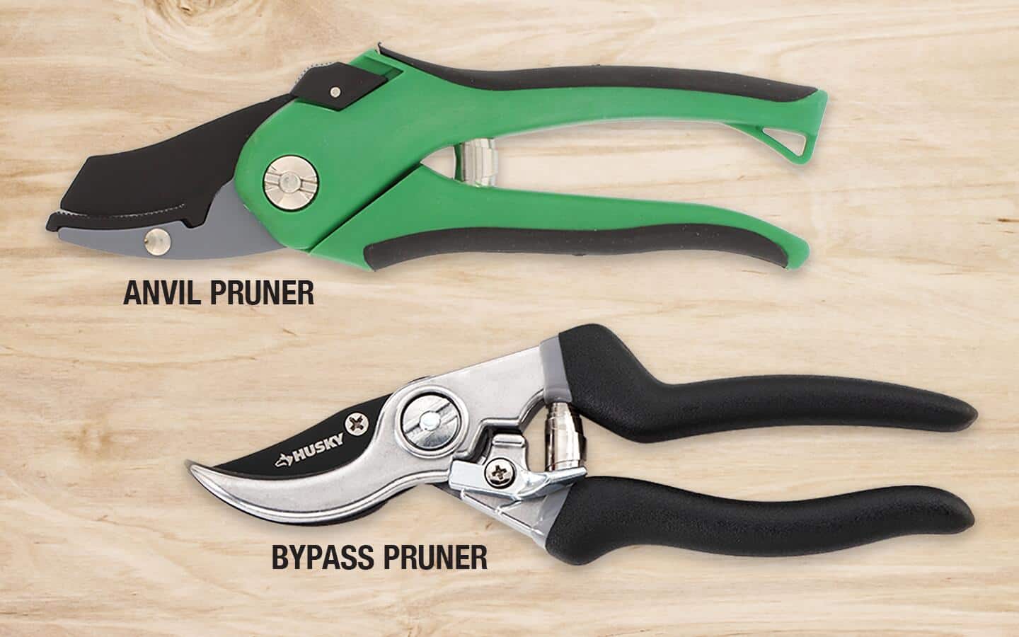 An infographic shows an anvil pruner and a bypass pruner.