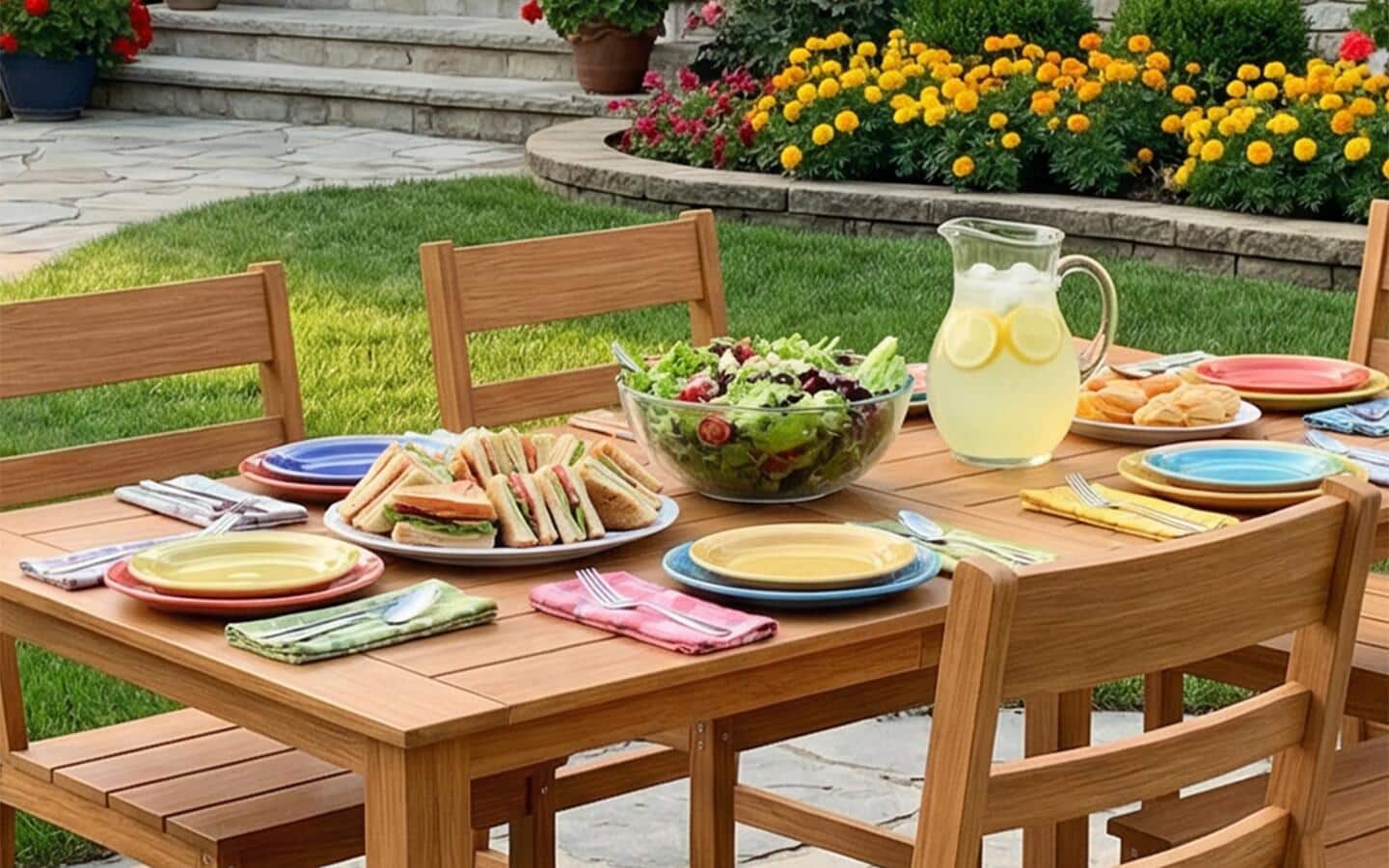 An outdoor table set for a dinner party.