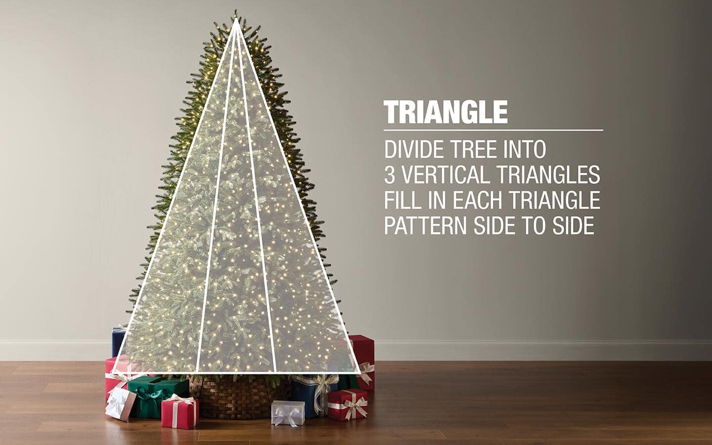 A Christmas tree featuring an illustration of how to evenly hang lights.