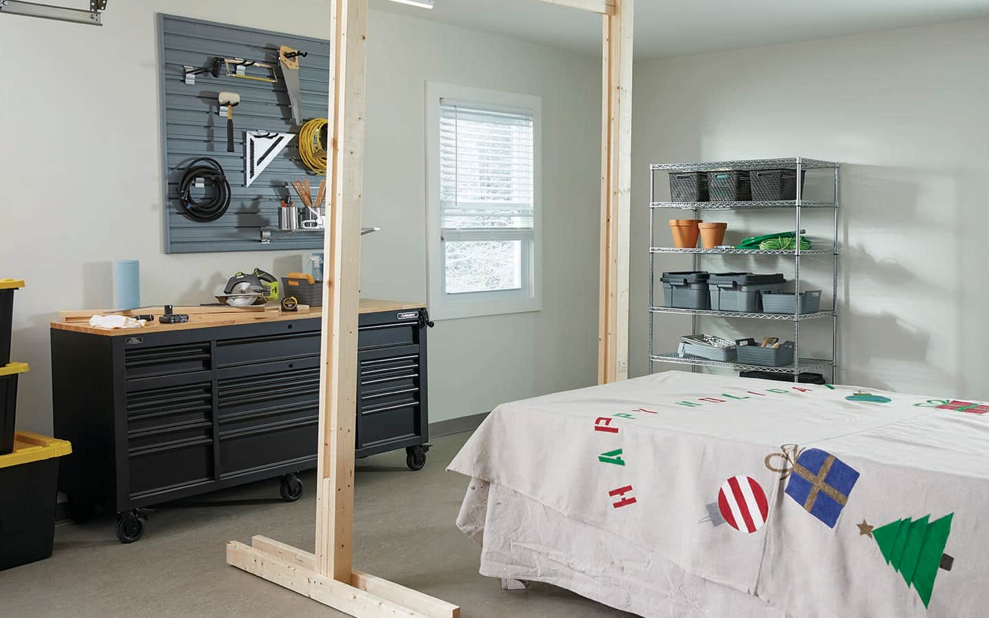 The wooden frame of a photo booth stands upright in a workshop. The wooden frame of a photo booth stands upright in a workshop.