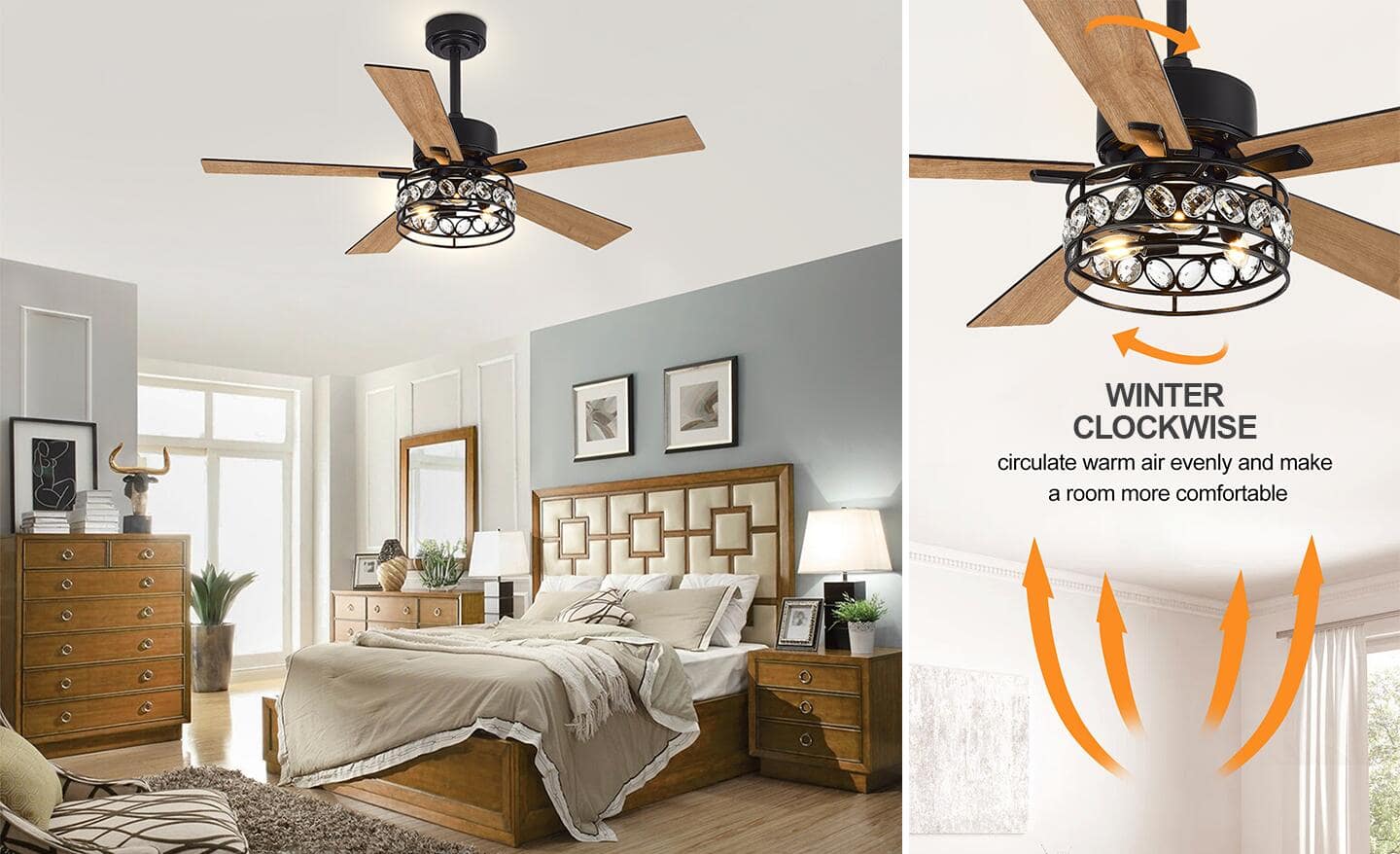 A wood ceiling fan hanging over a cozy bedroom in the winter months.
