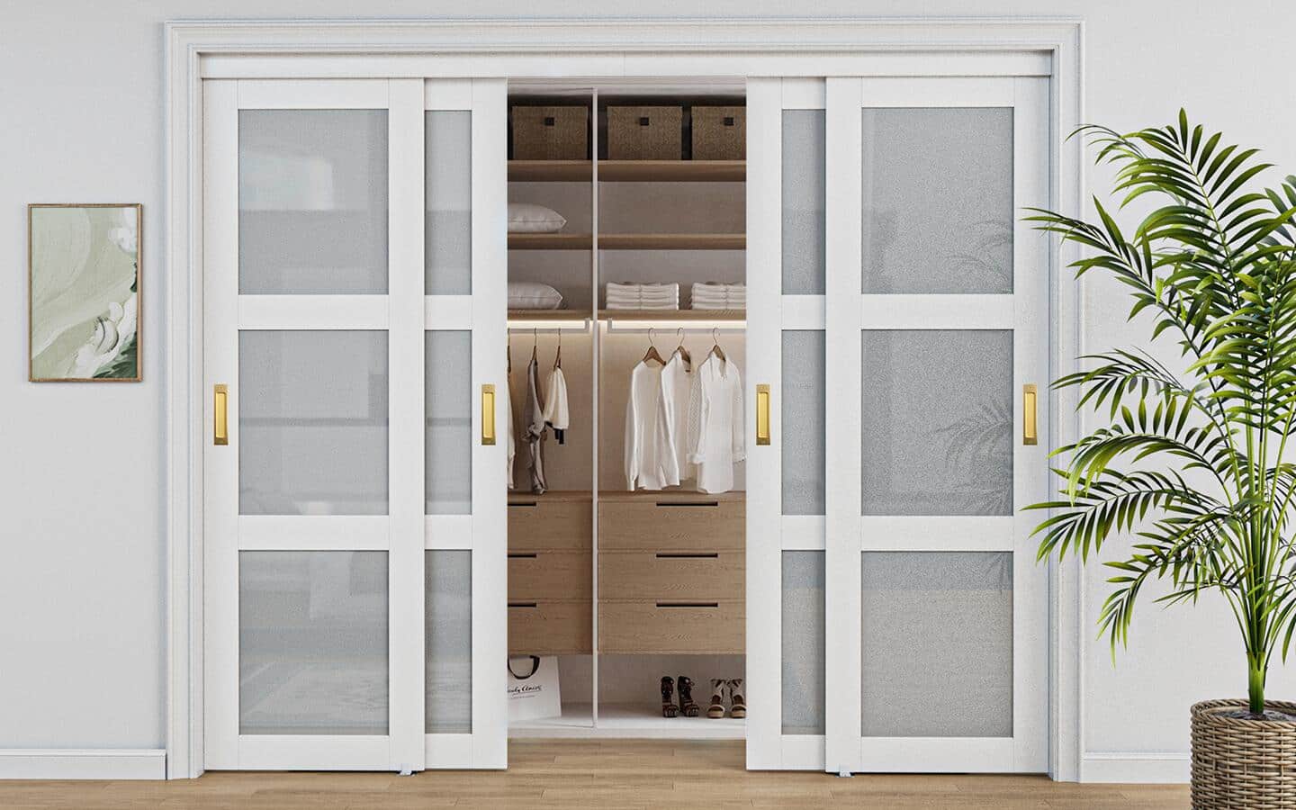 Open sliding mirrored doors on a closet revealing a dresser with shelves, curtain rods and drawers. Open sliding mirrored doors on a closet revealing a dresser with shelves, curtain rods and drawers.