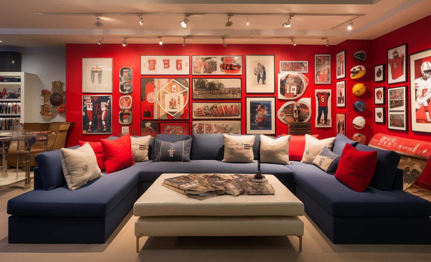 A family room with walls covered in sports-themed wall art and collectibles.