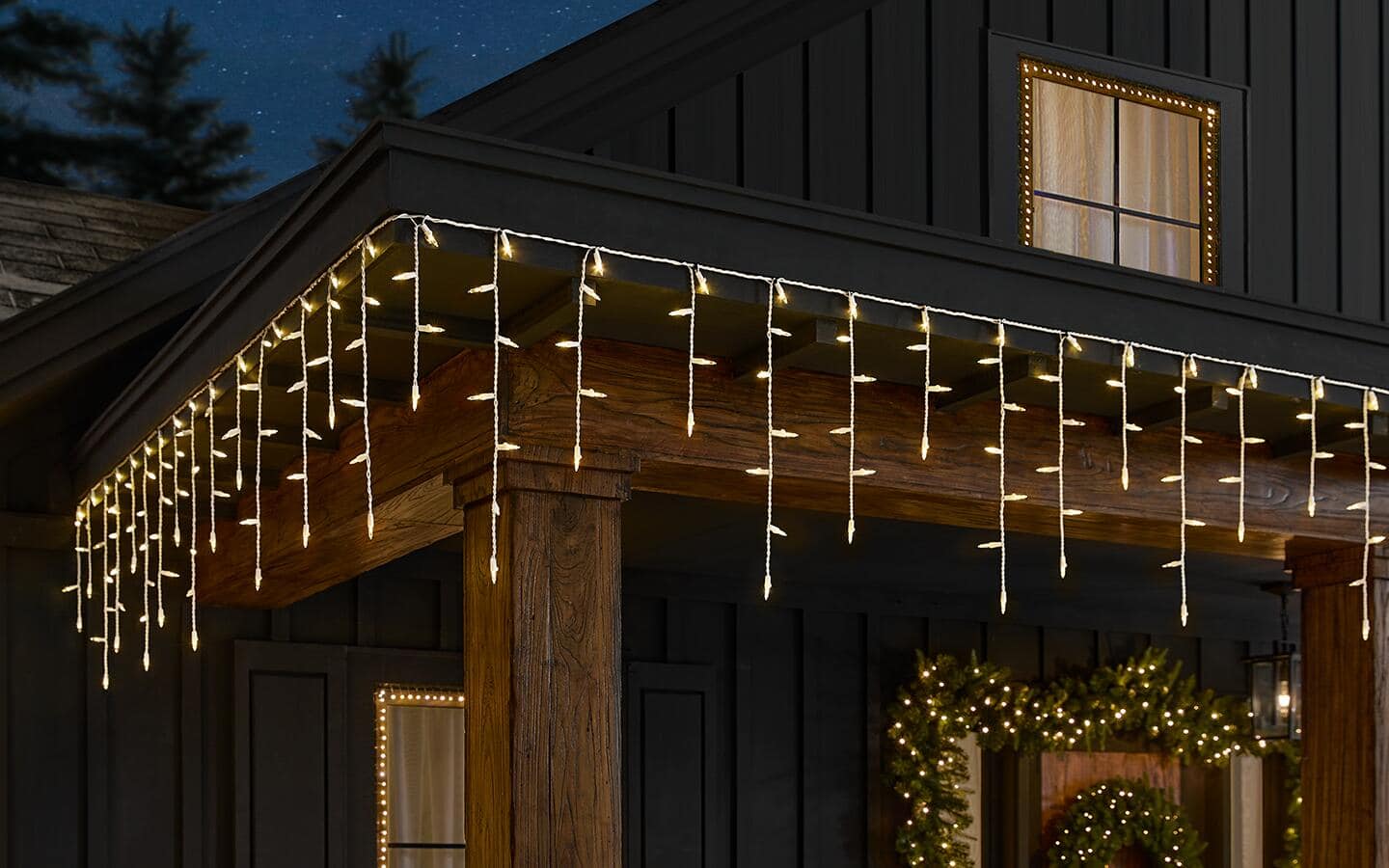 Lights hanging from the eaves of a porch. Lights hanging from the eaves of a porch.