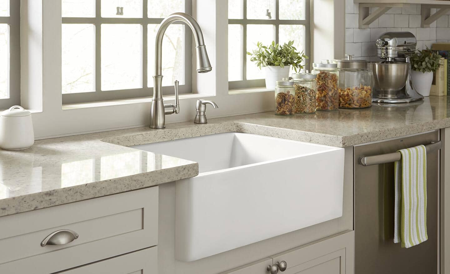 A white, fireclay farmhouse sink.