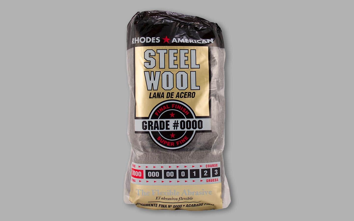 A package of fine steel wool to remove fine scratches on glass surfaces.