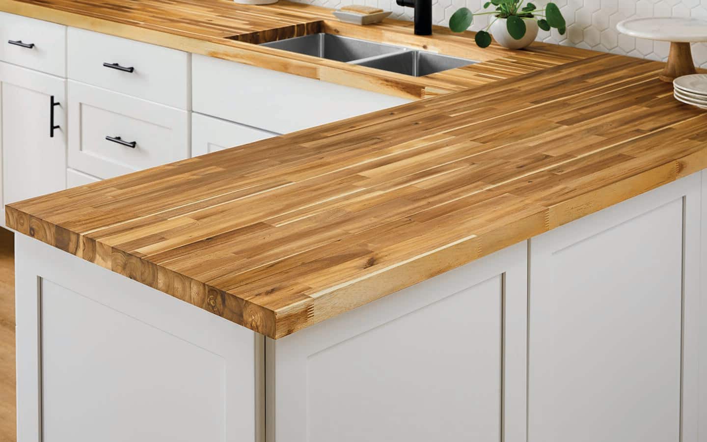 Butcher block countertop in a farmhouse style kitchen
