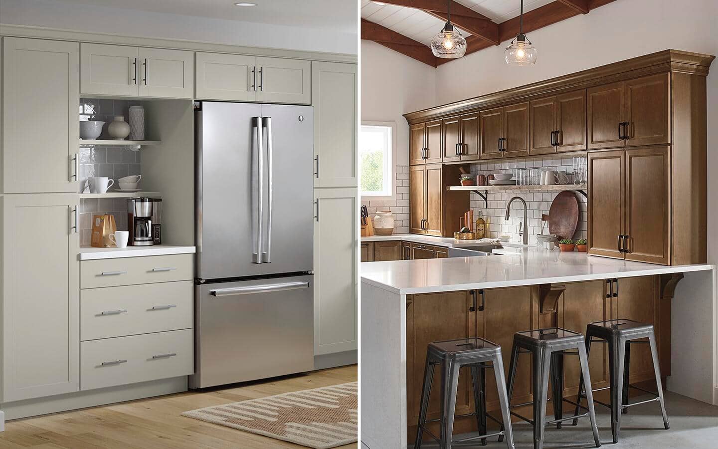 A side-by-side image of two kitchens, one featuring stock cabinets and the other with custom cabinets. A side-by-side image of two kitchens, one featuring stock cabinets and the other with custom cabinets.
