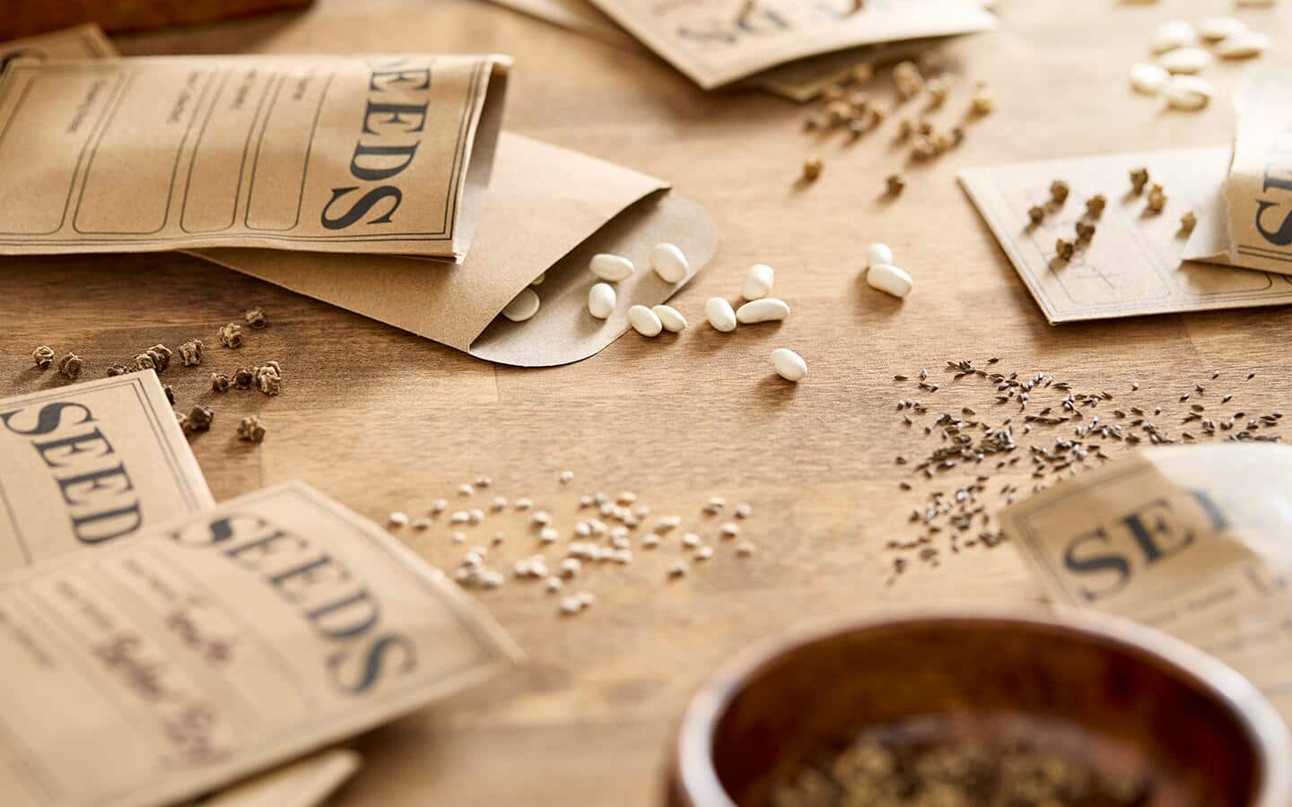 Opened packets of seeds on a table