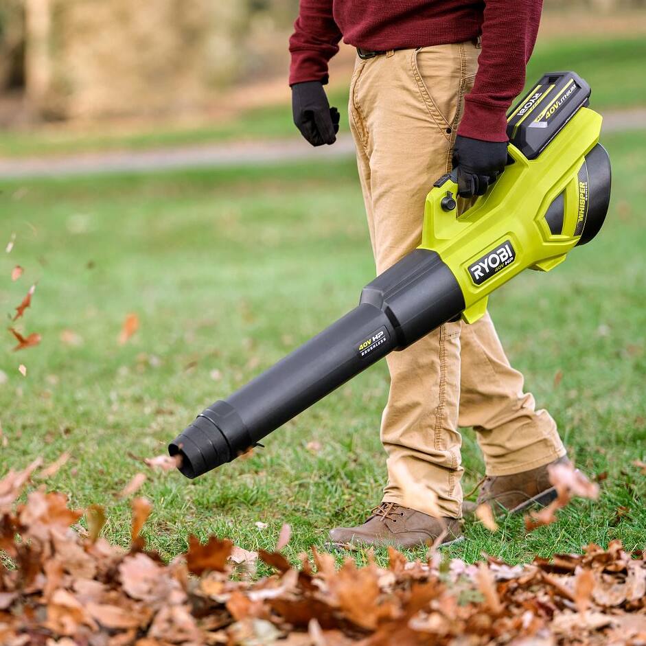 Person doing yard work with leaf blower blowing leaves.