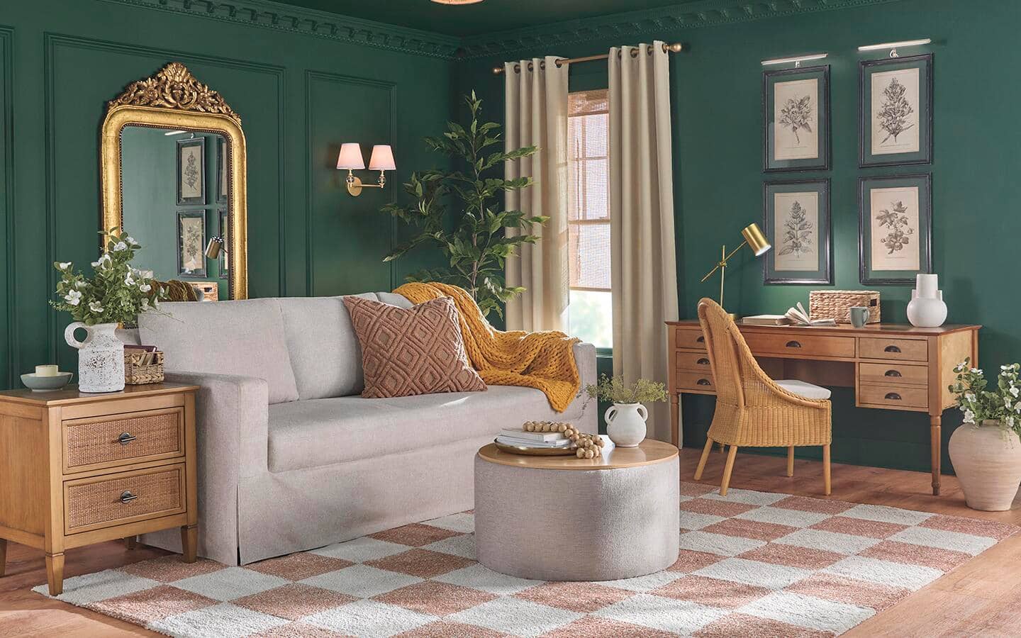 A traditionally styled living room with neutral and bold colors.