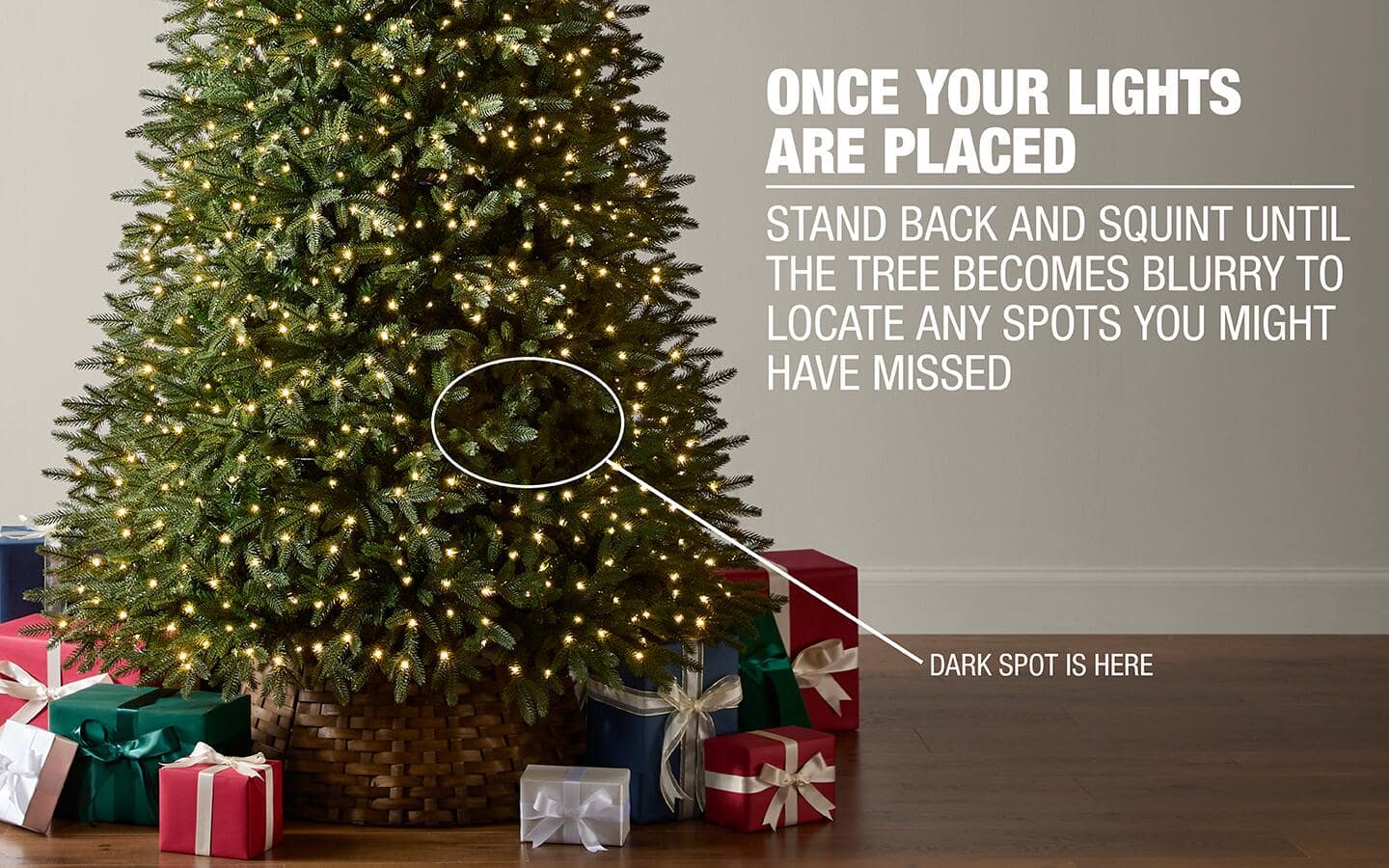 An illustration showing how to identify dark places on a decorated Christmas tree.