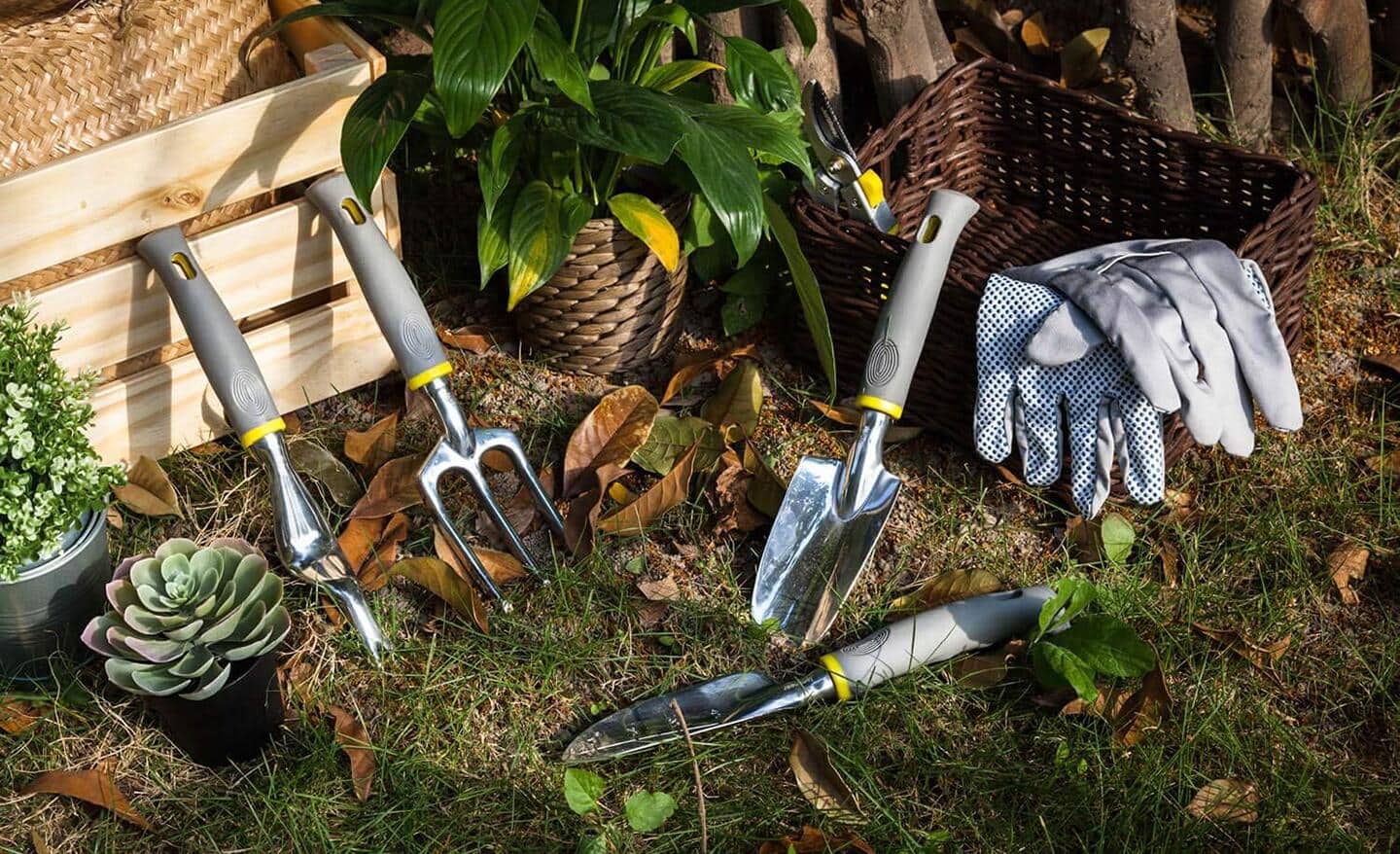 Types of garden tools including weeders on garden soil with gloves