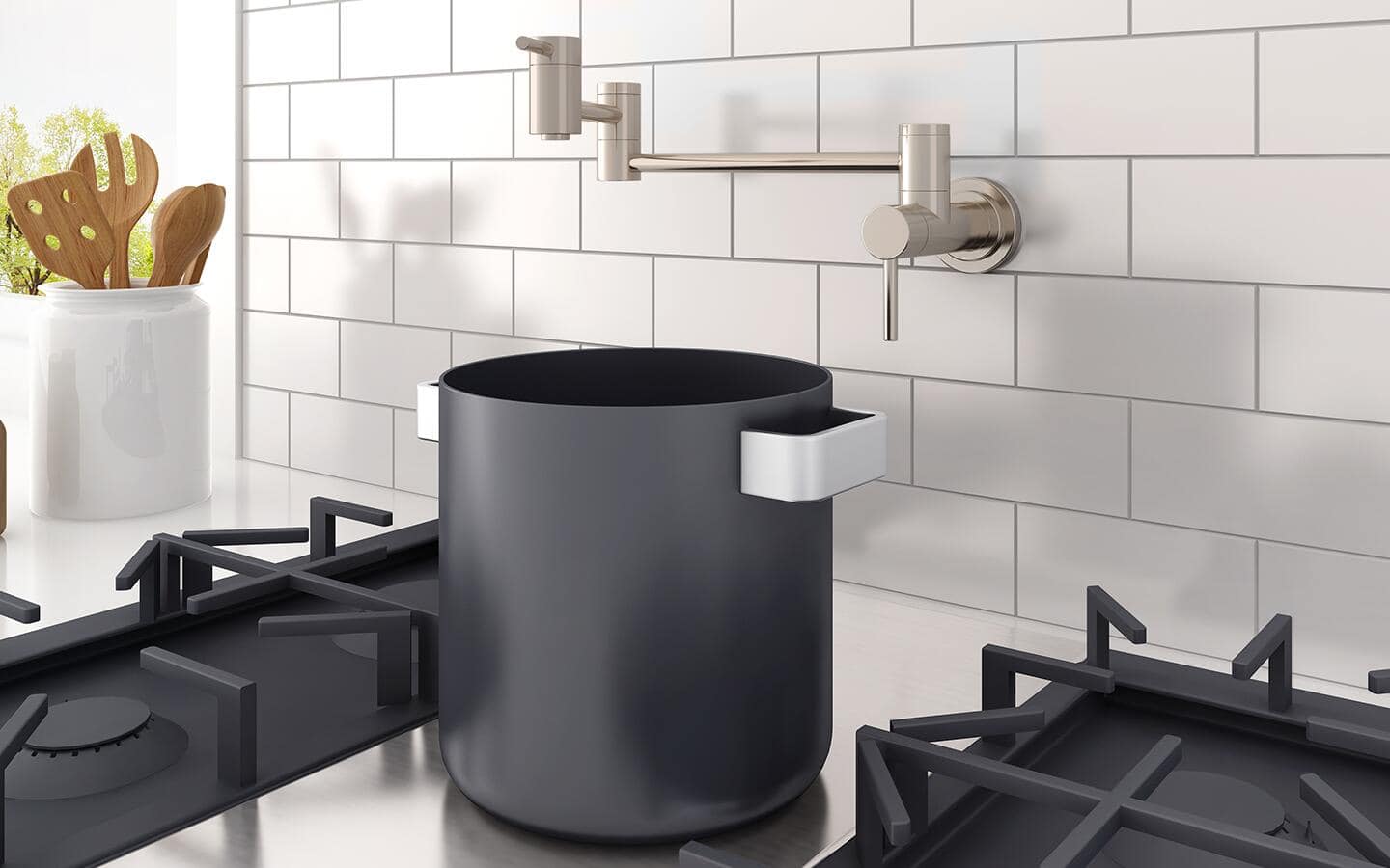 A pot faucet over a range.