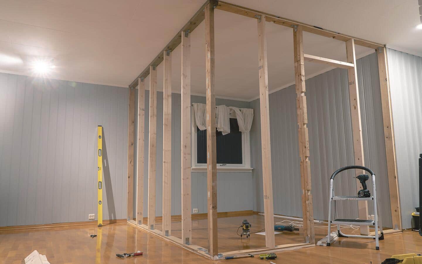New walls framed out in the corner of a room. New walls framed out in the corner of a room.