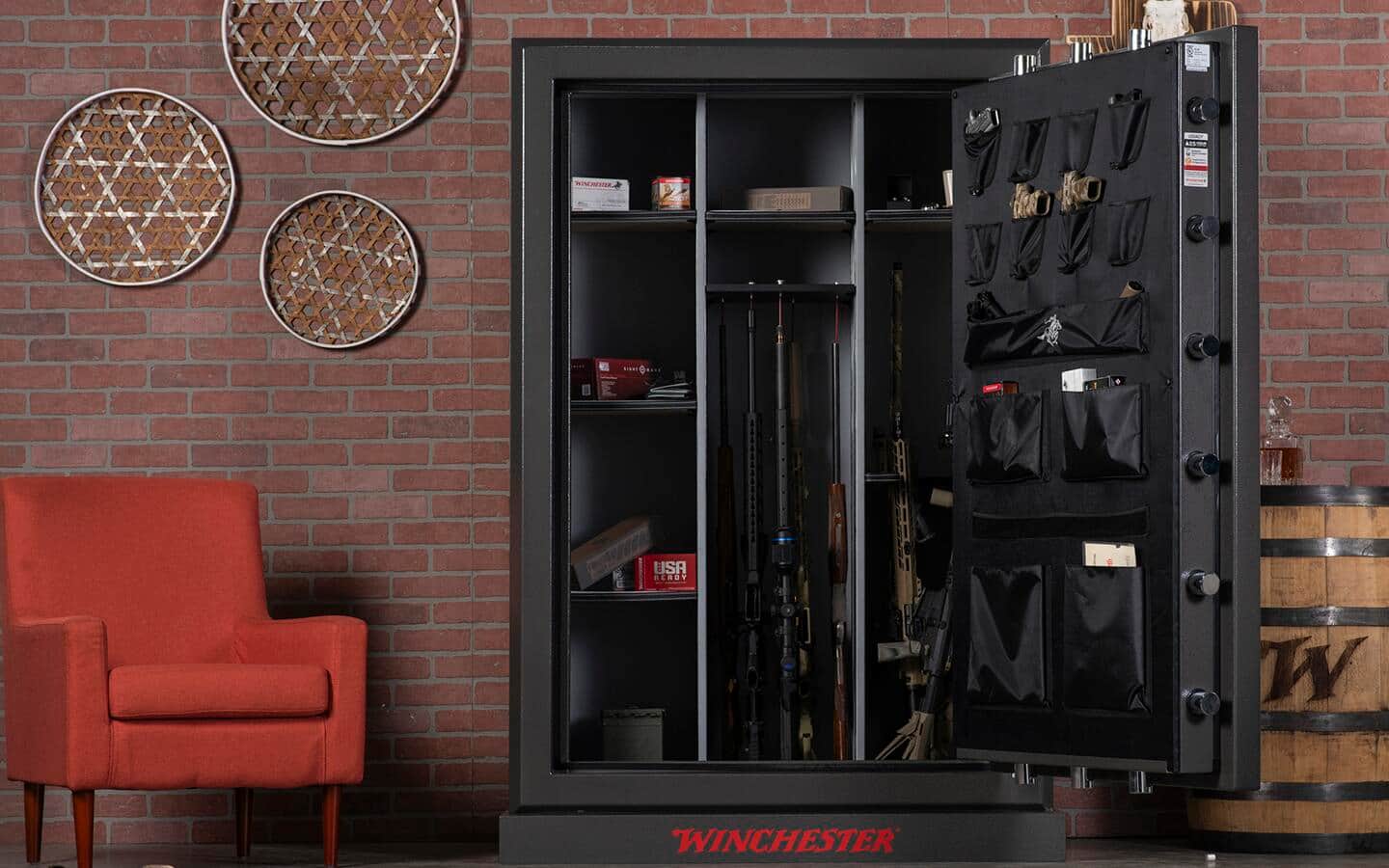 An open gun vault that is built into a living room wall.