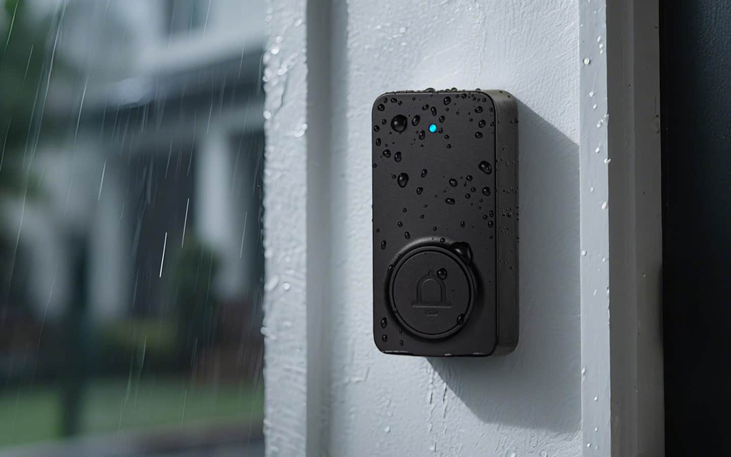 A black, weatherproof smart doorbell in the rain. A black, weatherproof smart doorbell in the rain.