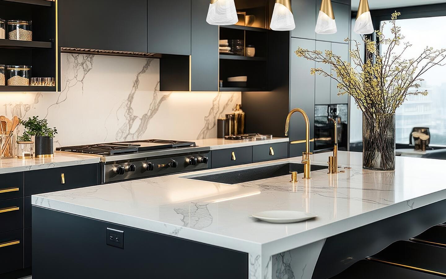 Marble countertop material on a kitchen island and cooktop surround in a modern decorative style