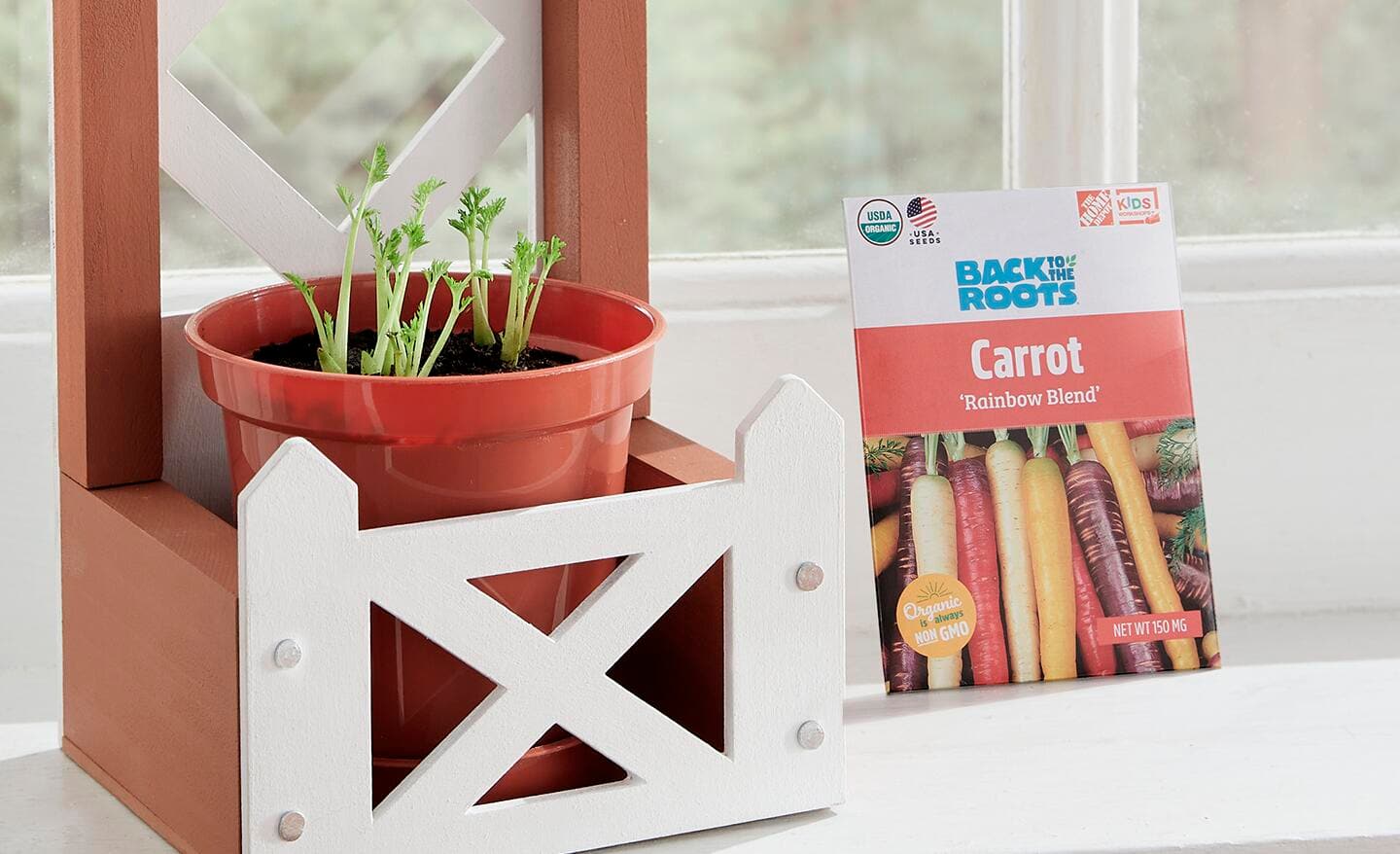 Planter with carrot sprouts with a carrot seed packet alongside Planter with carrot sprouts with a carrot seed packet alongside