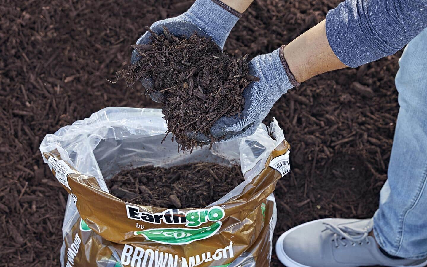 A gloved individual removing brown mulch from a bag. A gloved individual removing brown mulch from a bag.