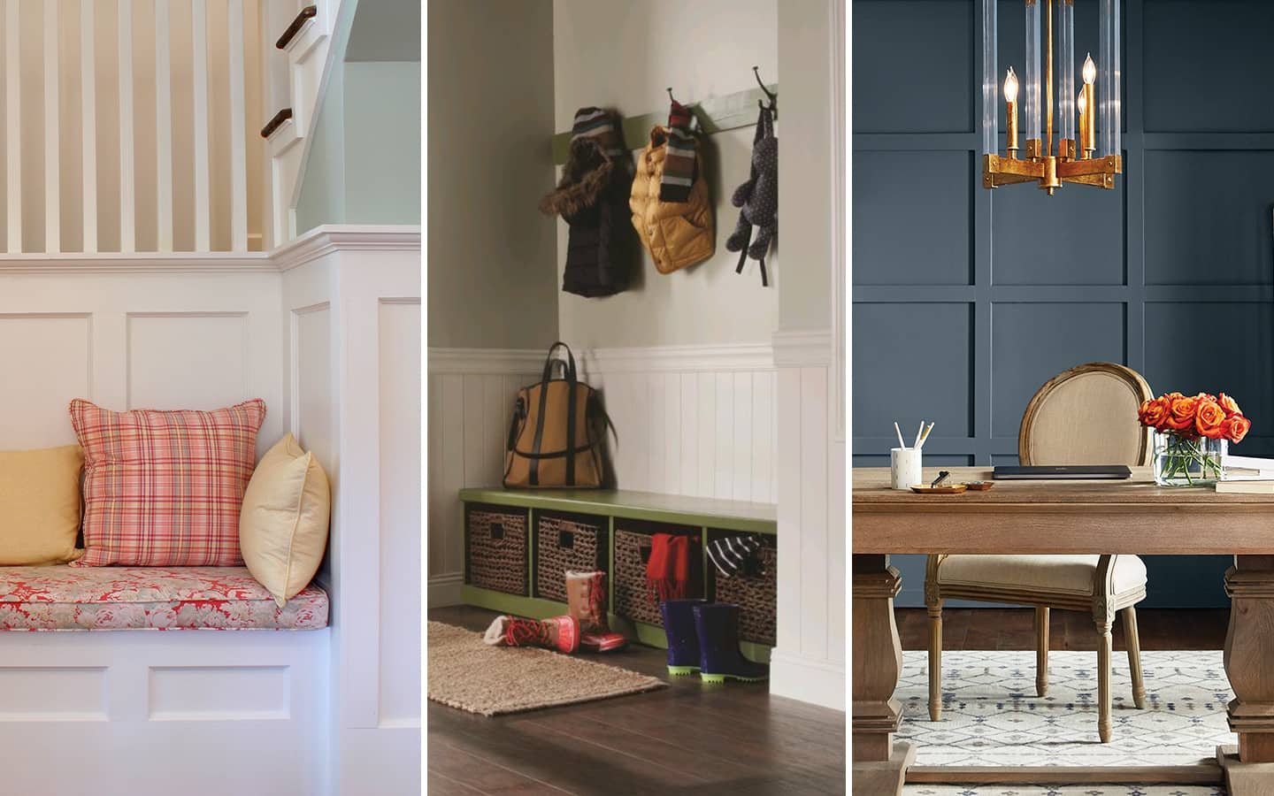Three side-by-side examples of accent walls using moulding as a design theme. Three side-by-side examples of accent walls using moulding as a design theme.