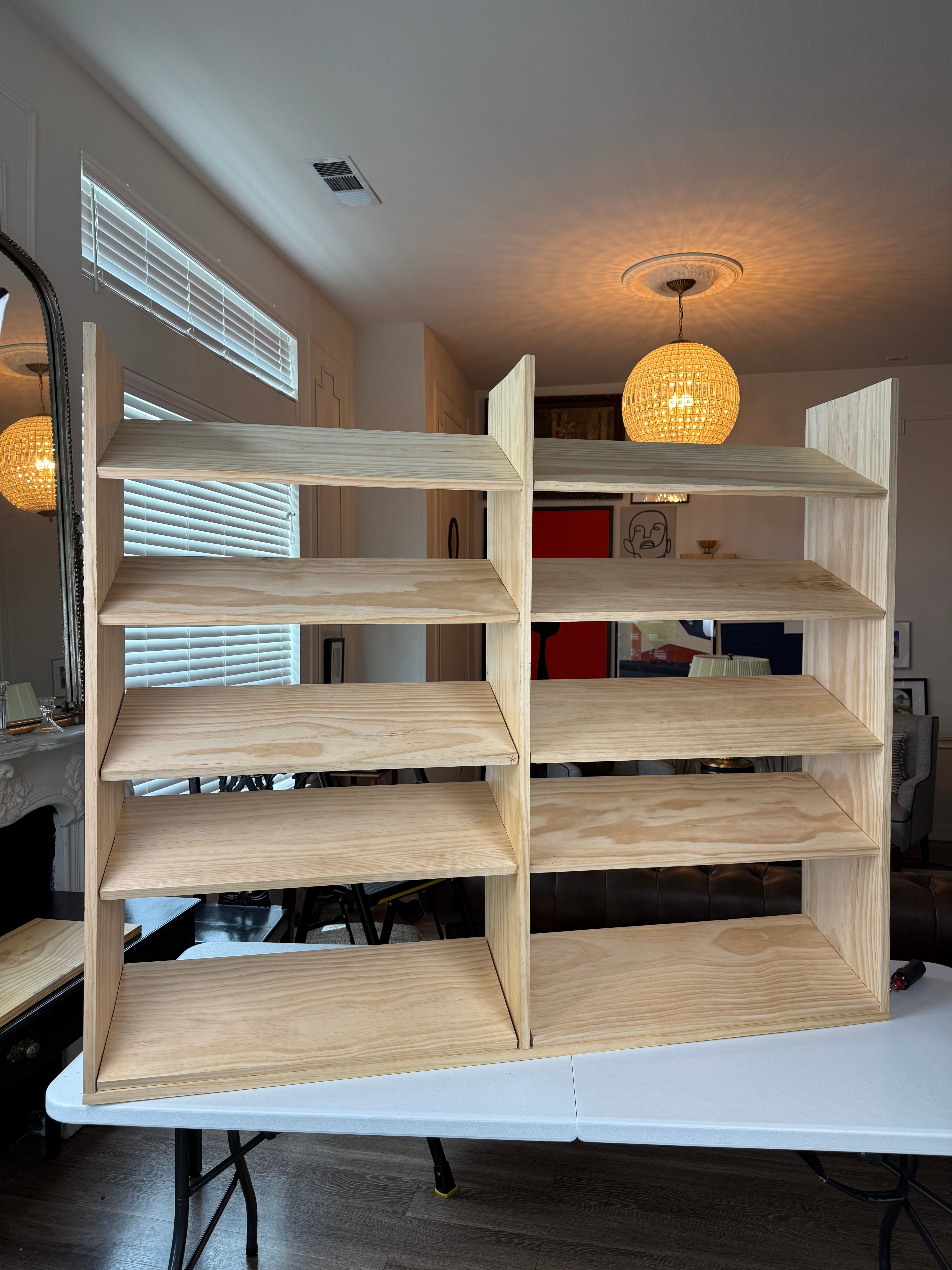 Unfinished wooden shelves. Unfinished wooden shelves.