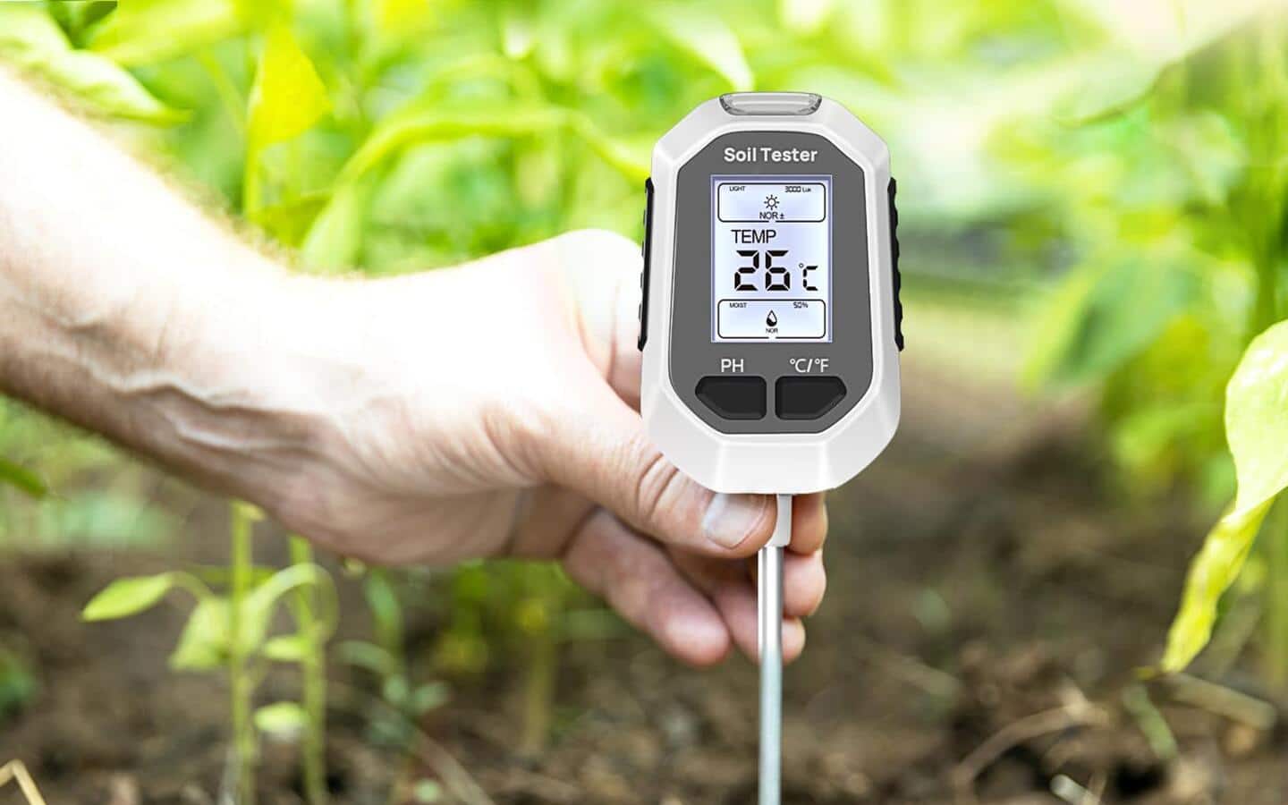 A person holds a soil tester in garden soil  A person holds a soil tester in garden soil