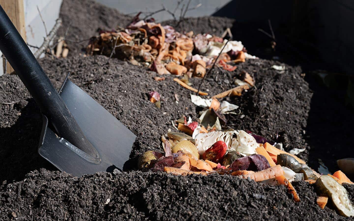 A shovel in a compost bin with vegetable scraps A shovel in a compost bin with vegetable scraps