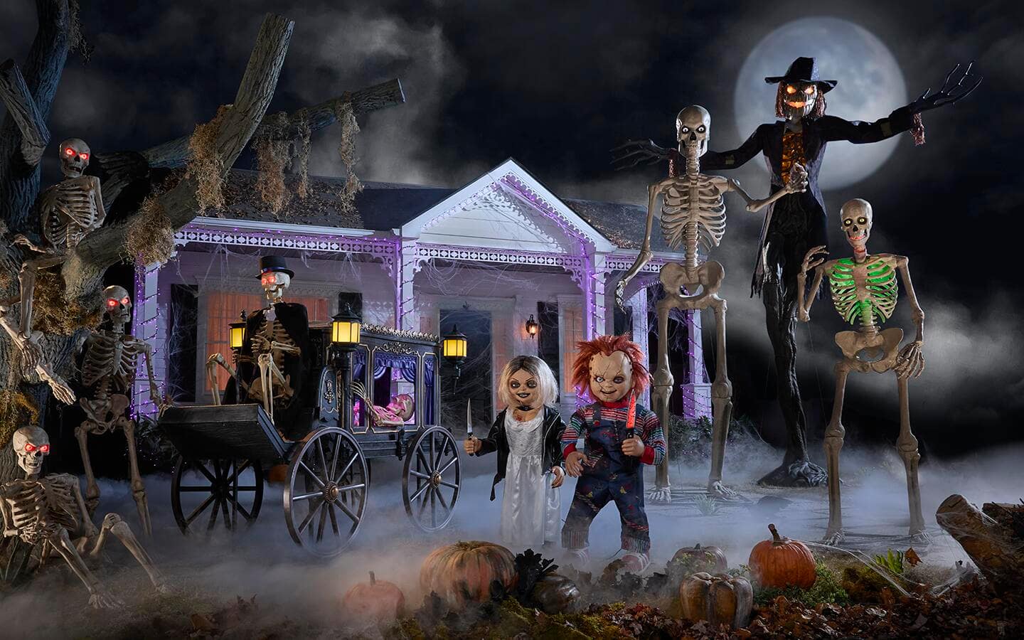 A front yard filled with Jack Skellington, the 12-foot skeleton and other large lawn decorations. A front yard filled with Jack Skellington, the 12-foot skeleton and other large lawn decorations.