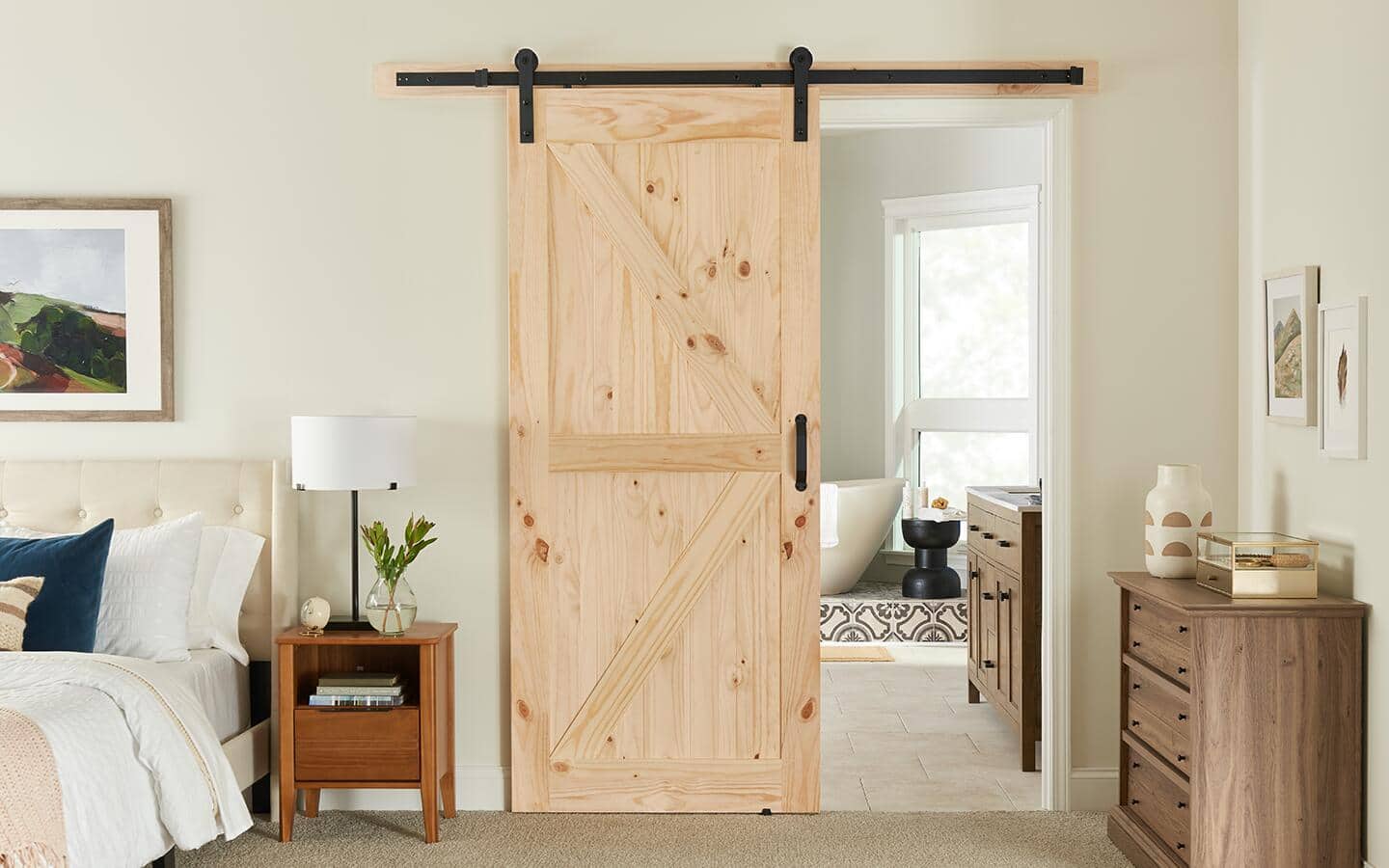 A sliding barn door made of solid wood.