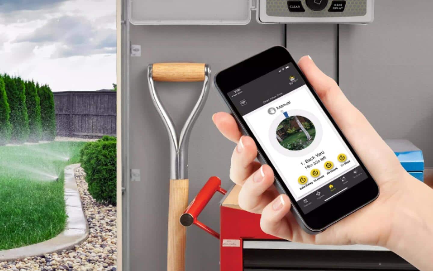 A person holding a phone with an app controlling outdoor sprinklers.