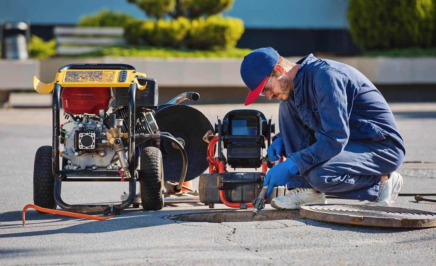 A man prepares to use professional drain cleaning equipment.