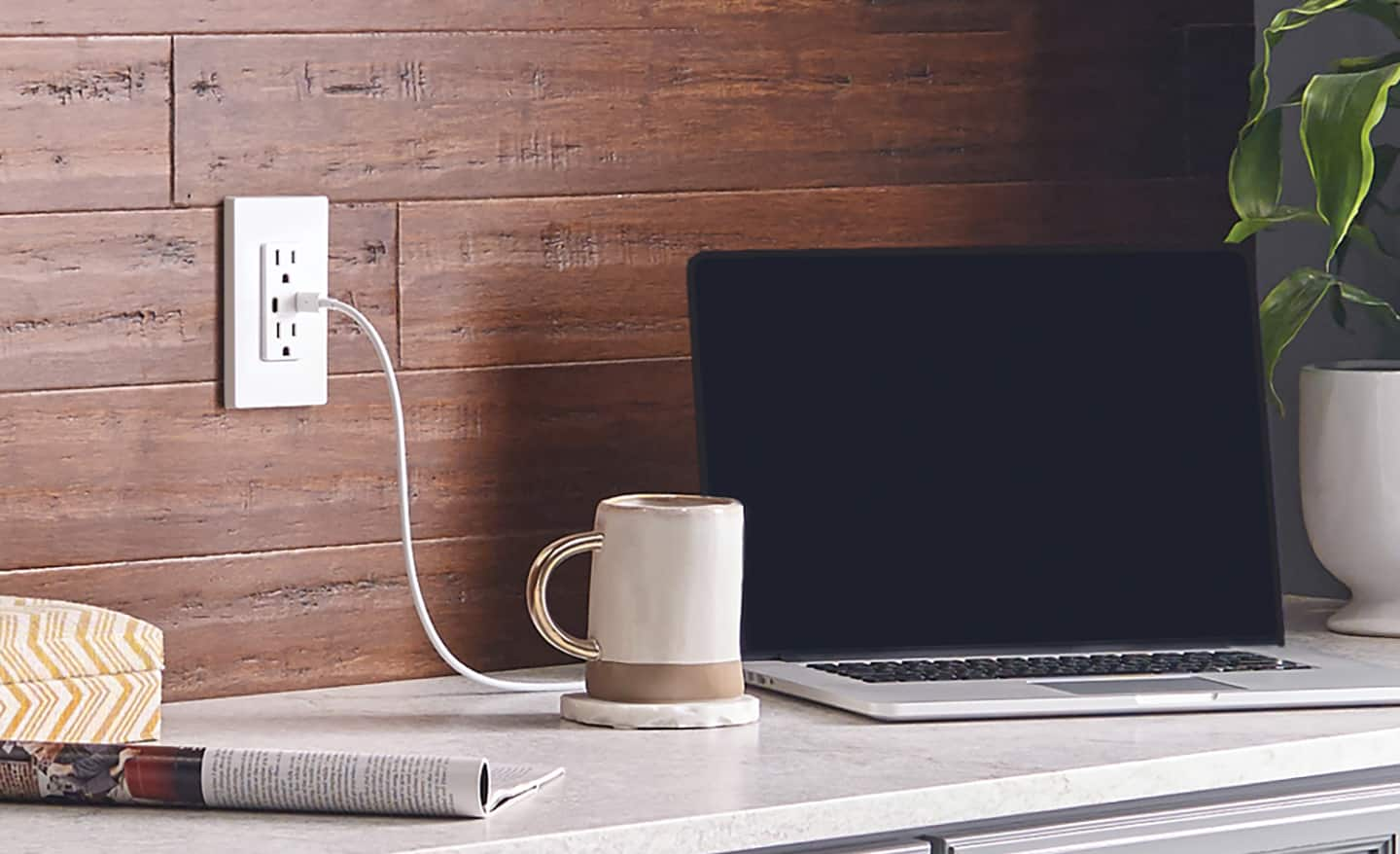 A combination outlet installed in a home office.