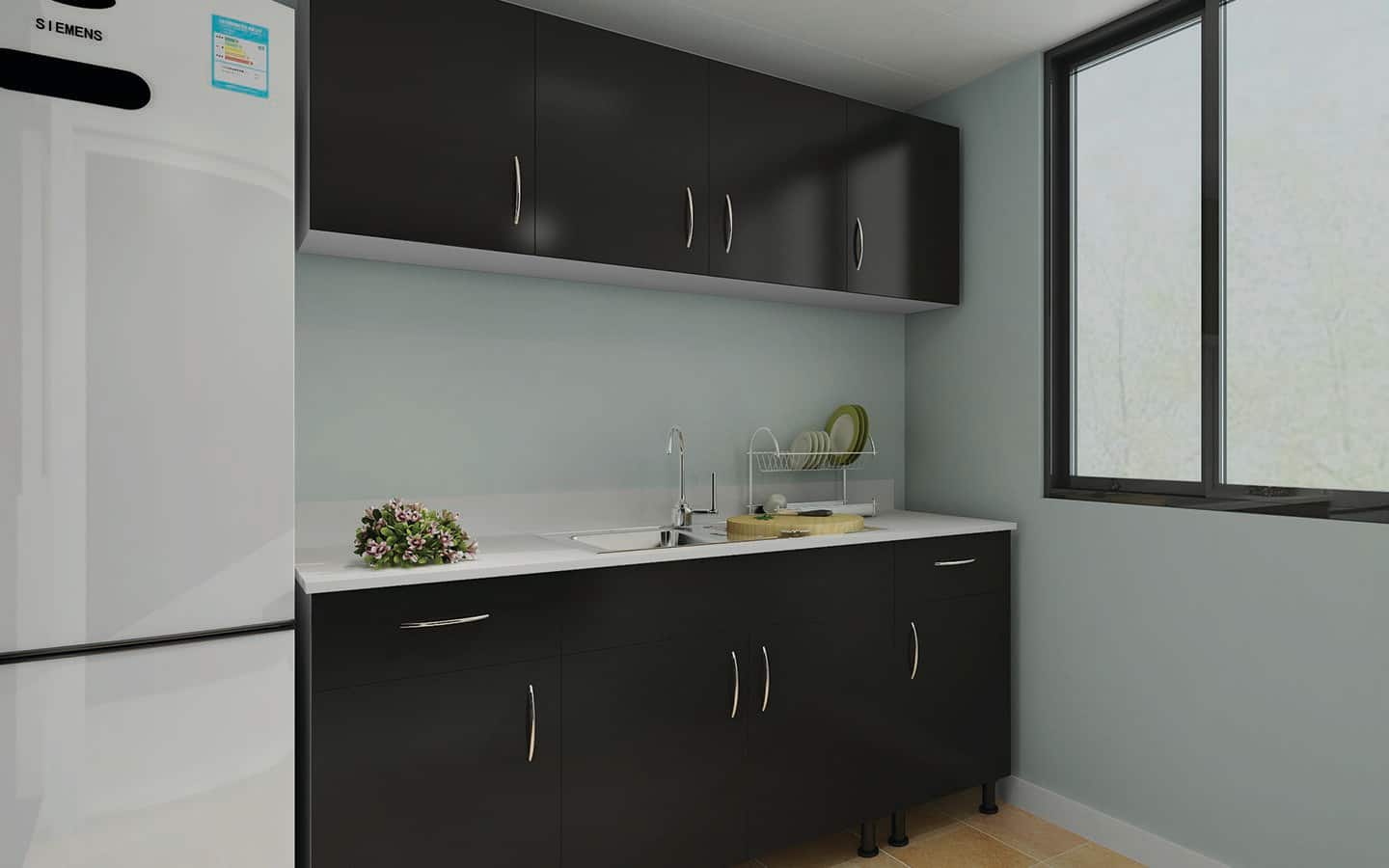 A kitchen with cabinets painted with black gloss paint and a white countertop. A kitchen with cabinets painted with black gloss paint and a white countertop.