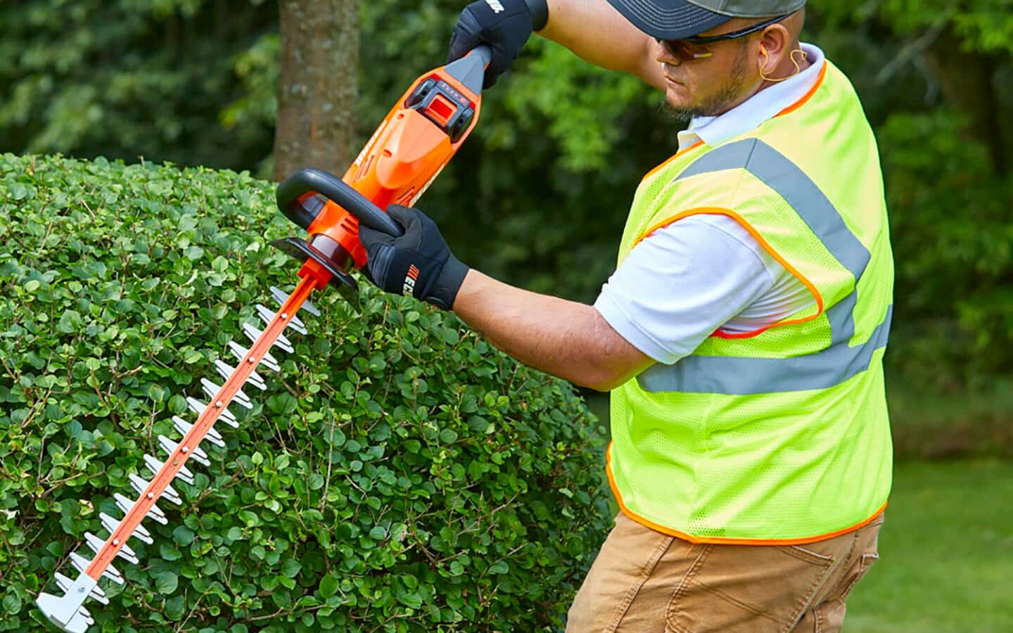 A man wears safety equipment to operate his hedge trimmer. A man wears safety equipment to operate his hedge trimmer.